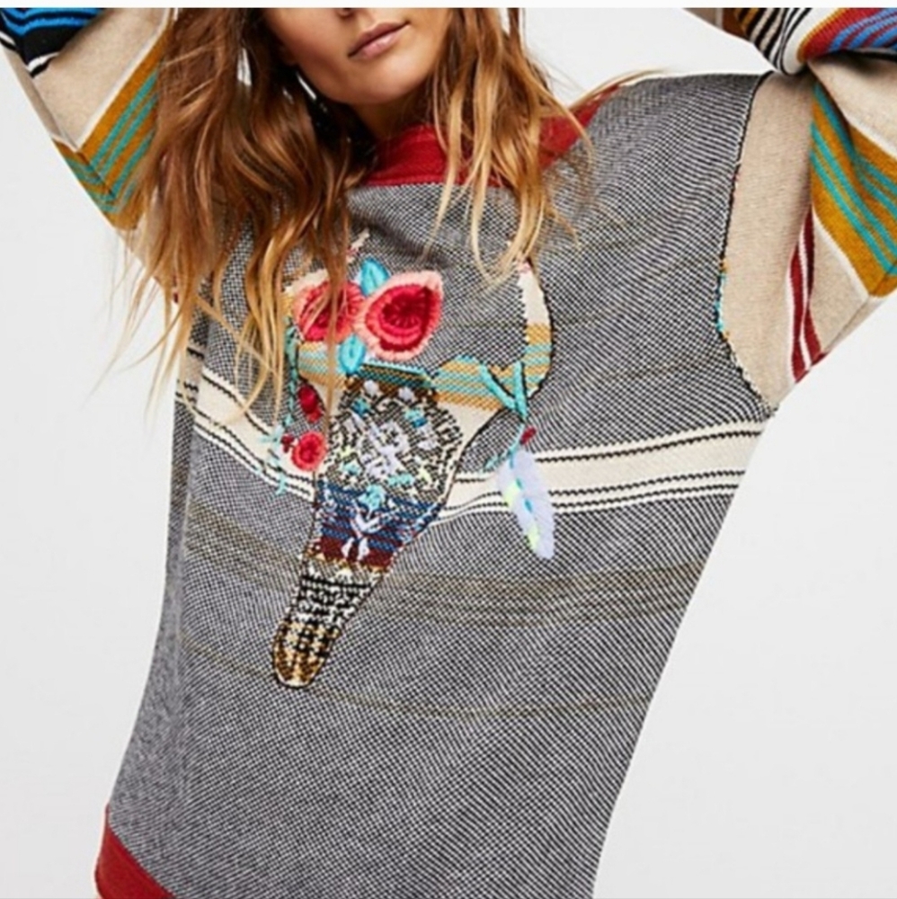 Free People Multicolor Striped Sweater with Embroidered Skull - Picture 2 of 9